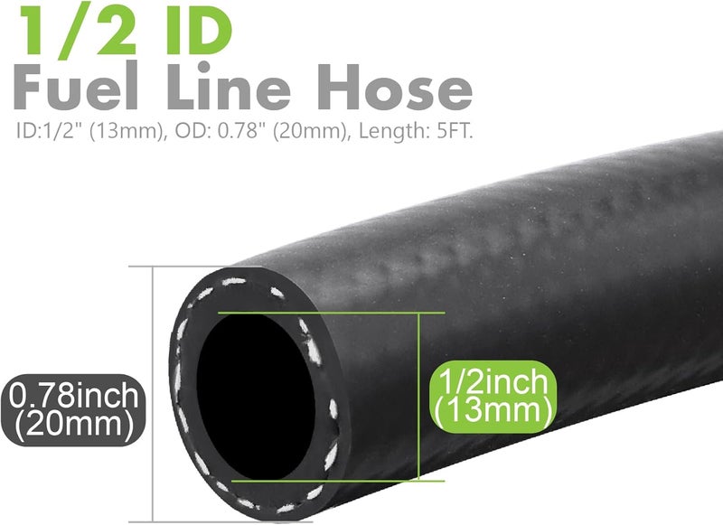 Jeemiter 1/2" ID (13mm) Fuel Line Hose 5FT - Heavy Duty SAE 30R7 NBR Rubber - Short Length High Flow Kit with 10 Clamps for Diesel Trucks, Marine, Tractor & Industrial Use - Image 3